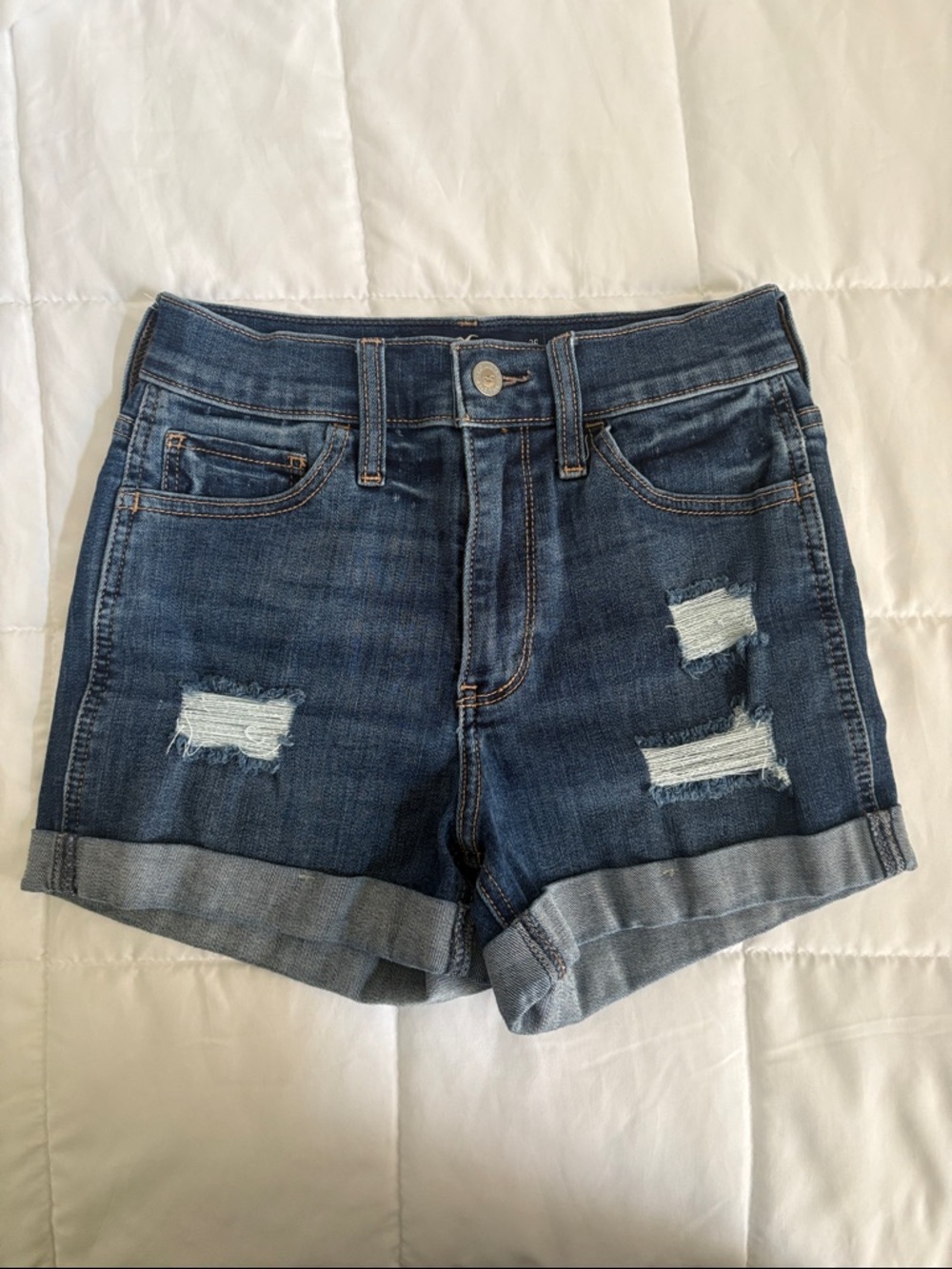 Hollister Dark Blue Distressed Cuffed Denim Shorts waist 26”